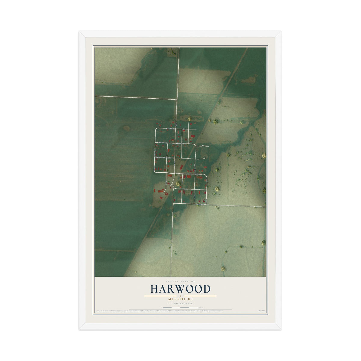 Map of Harwood, Missouri, 12 x 18 inch print in a white wood frame
