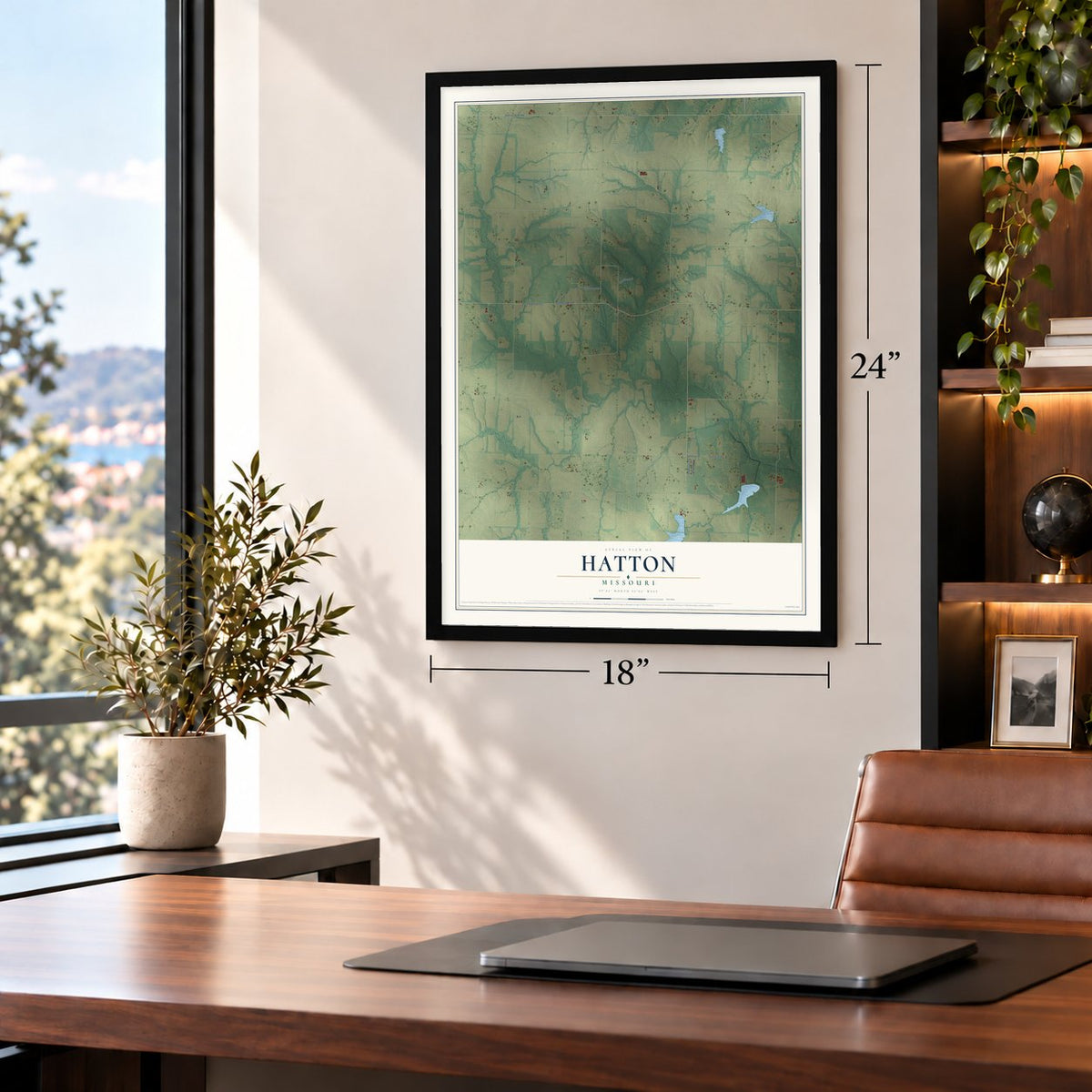 Hatton, Missouri map, 18 x 24 inch print in a black frame in a home office