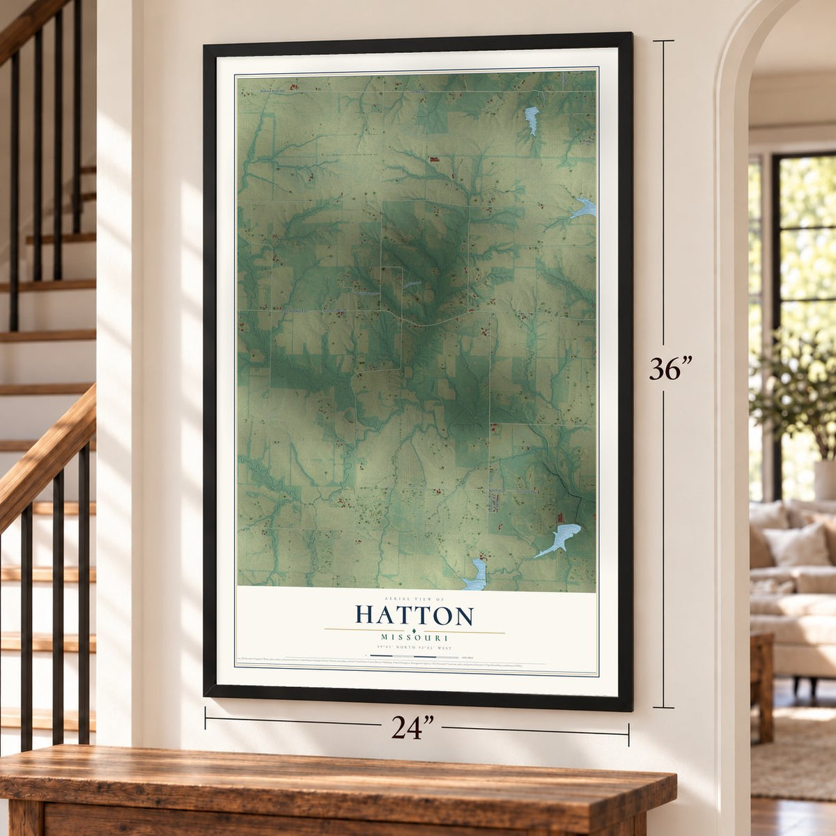 Hatton, Missouri map, 24 x 36 inch print in a black frame by a staircase