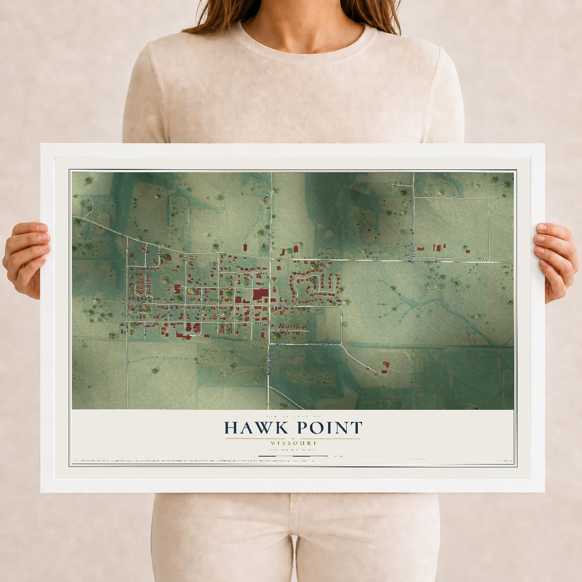 Map of Hawk Point, Missouri, 12 x 18 inch print in a white wood frame