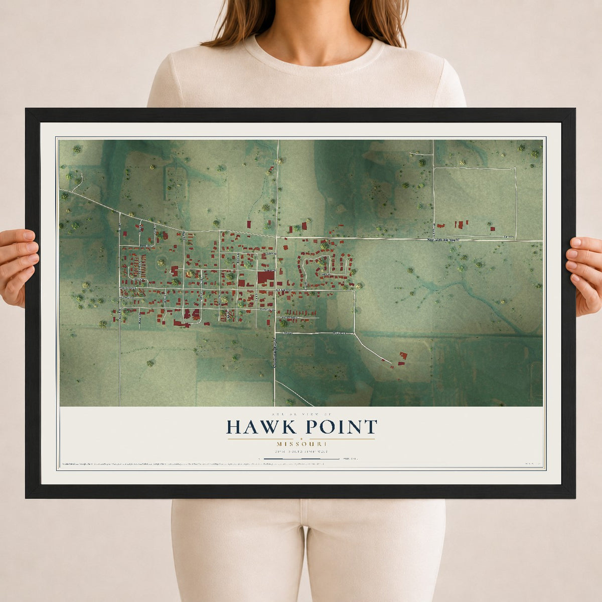 Map of Hawk Point, Missouri, 18 x 24 inch print in a black wood frame
