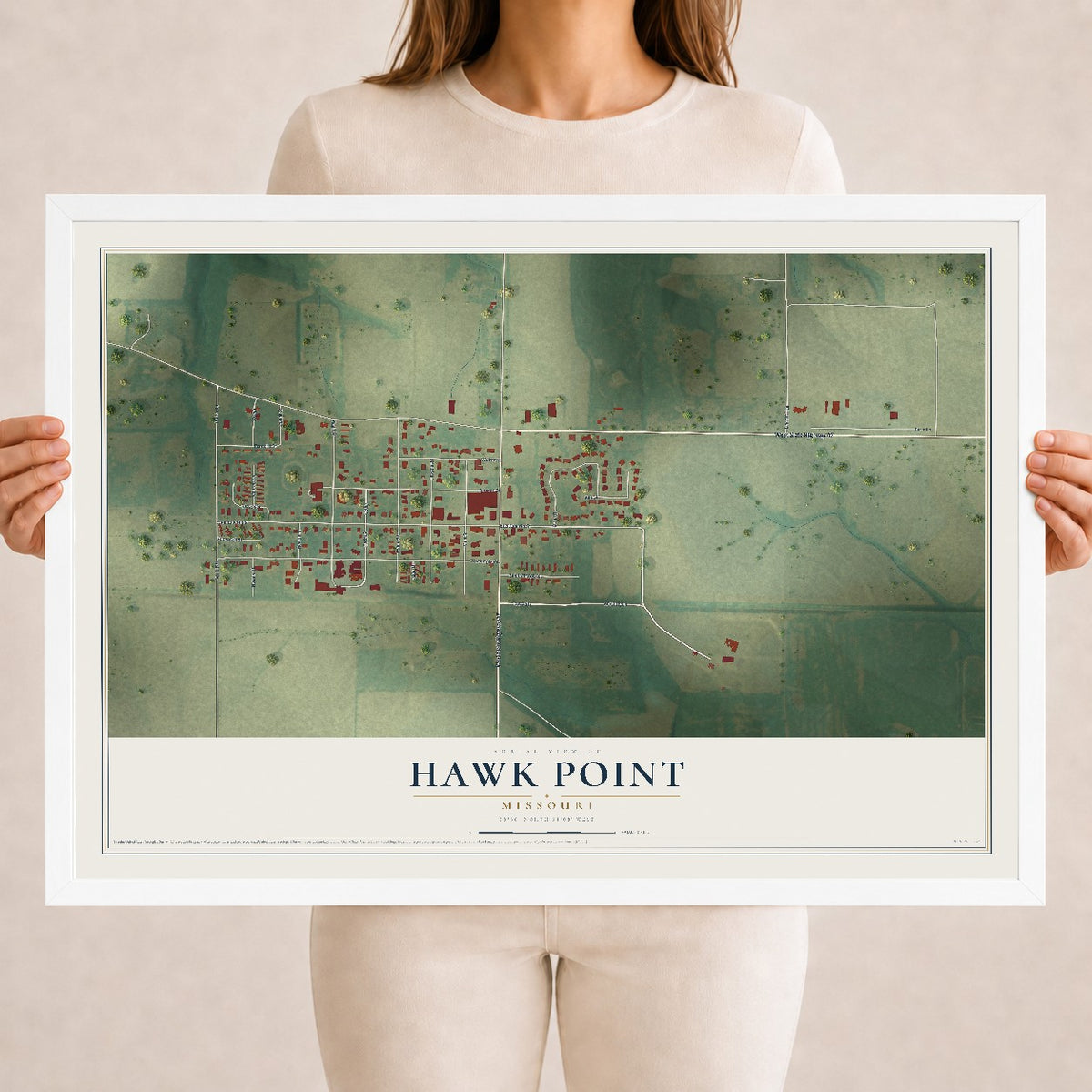 Map of Hawk Point, Missouri, 18 x 24 inch print in a white wood frame