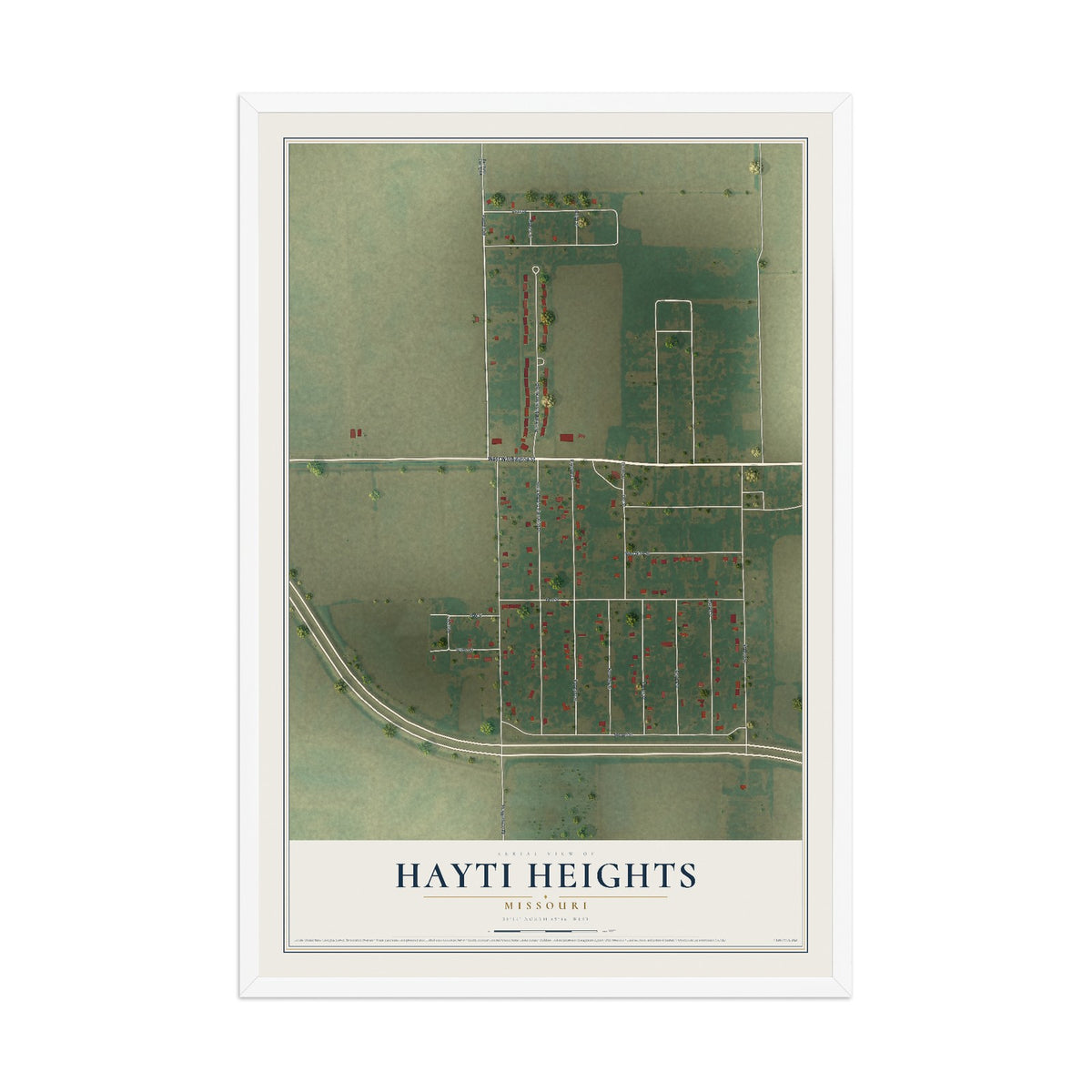Map of Hayti Heights, Missouri, 12 x 18 inch print in a white wood frame