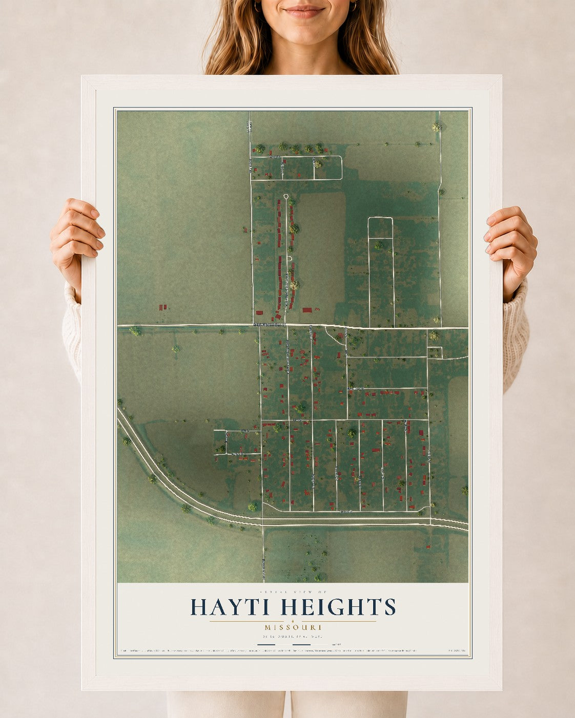 Map of Hayti Heights, Missouri, 24 x 36 inch print in a white wood frame