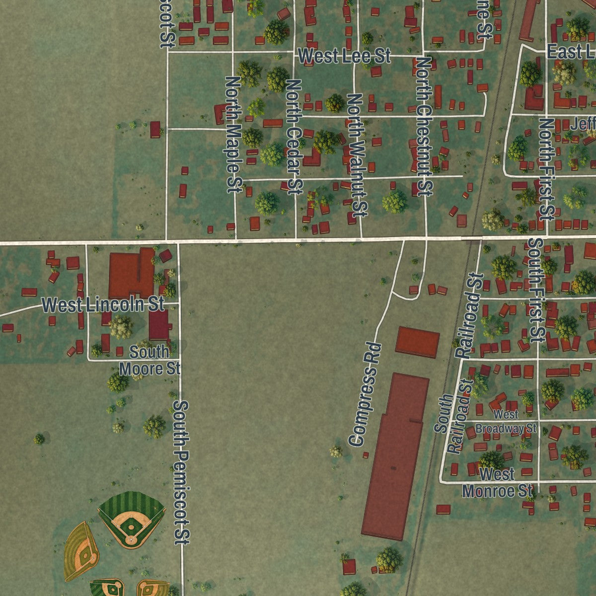 Second close-up of the map of Hayti, Missouri print showing more streets and buildings