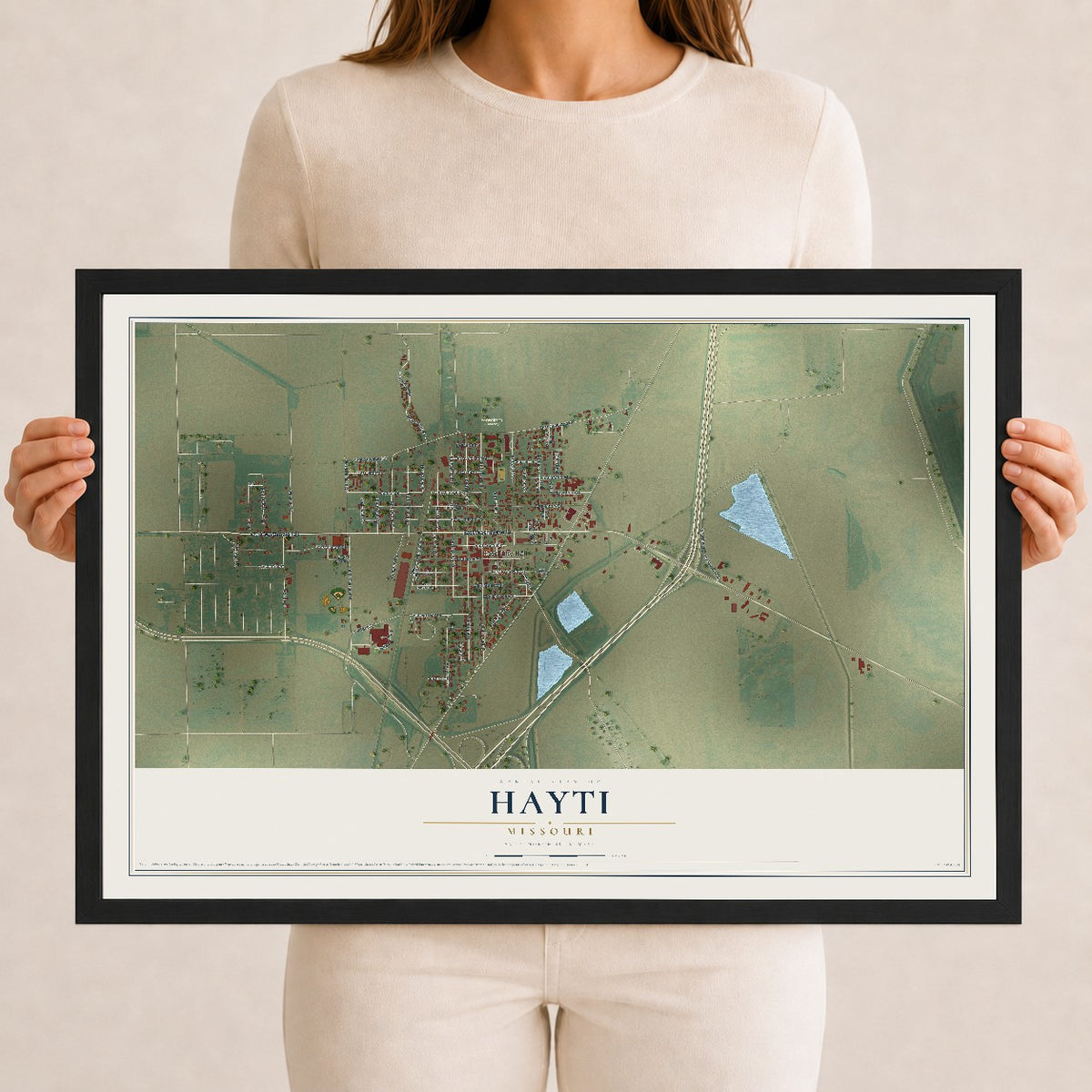 Map of Hayti, Missouri, 12 x 18 inch print in a black wood frame