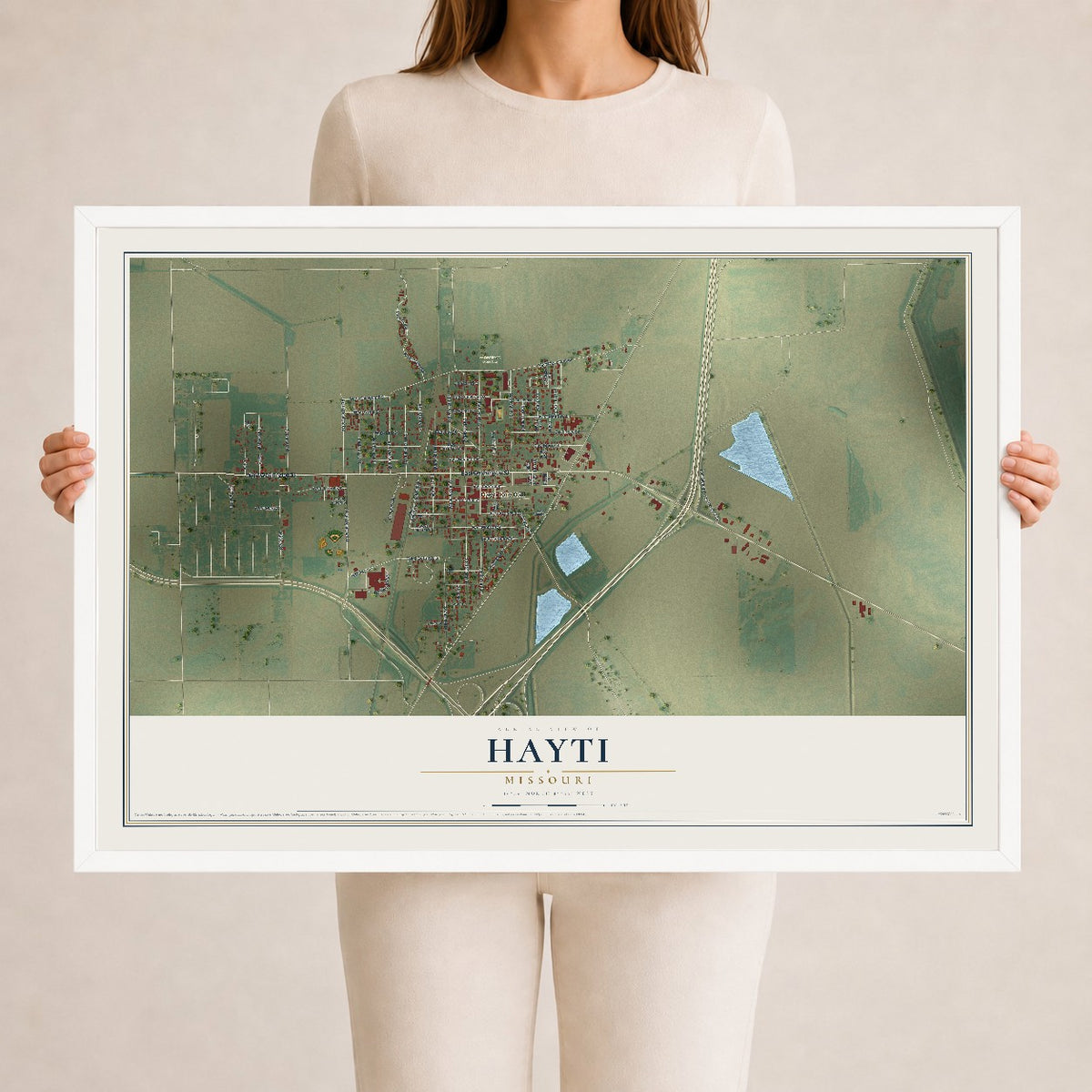 Map of Hayti, Missouri, 24 x 36 inch print in a white wood frame