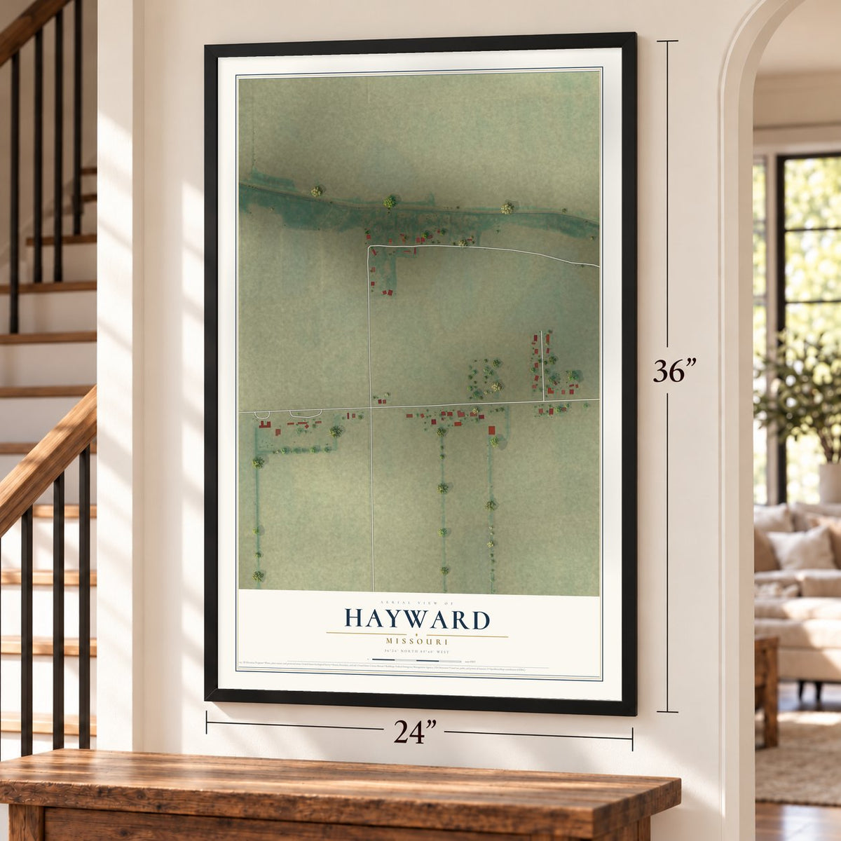 Hayward, Missouri map, 24 x 36 inch print in a black frame by a staircase