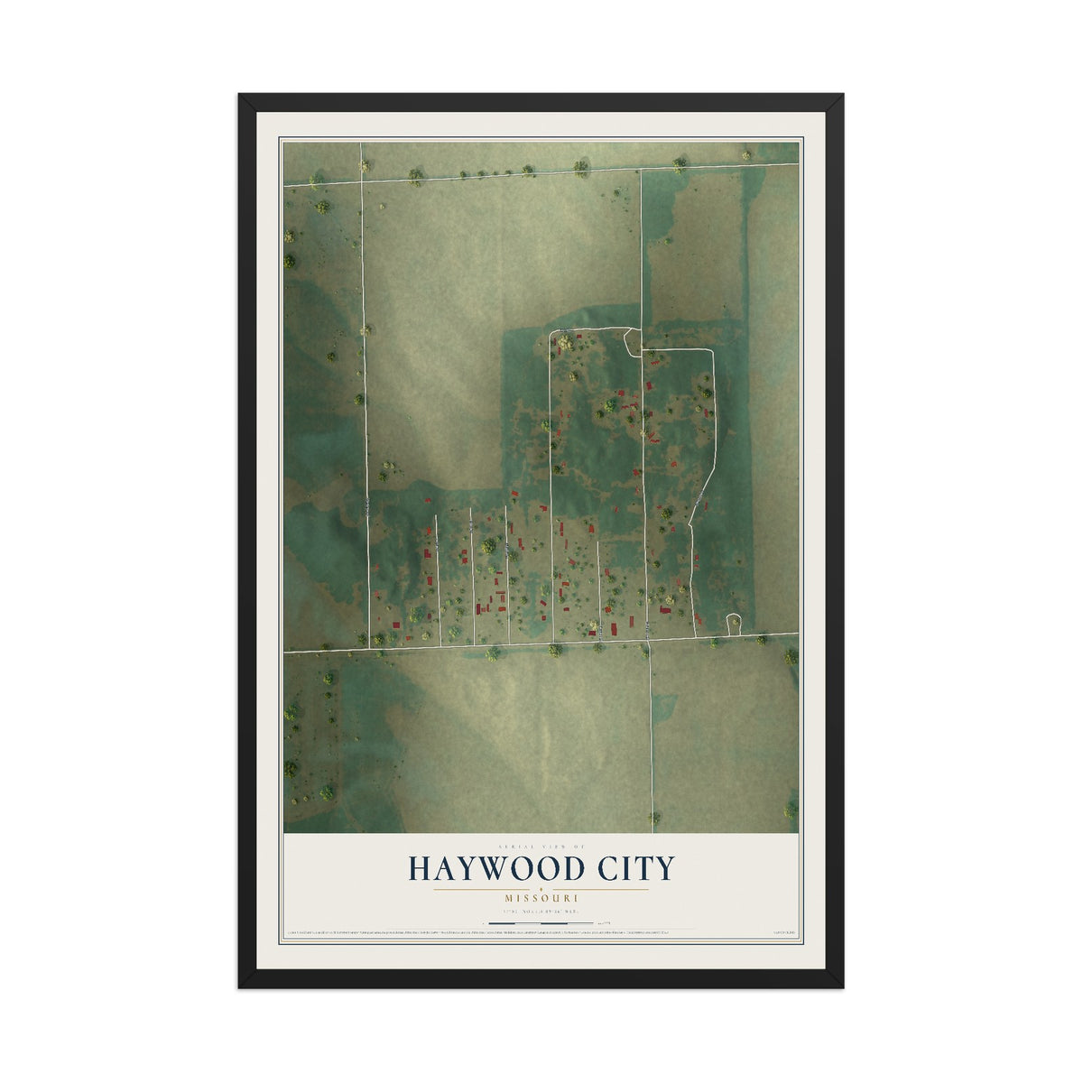 Map of Haywood City, Missouri, 12 x 18 inch print in a black wood frame