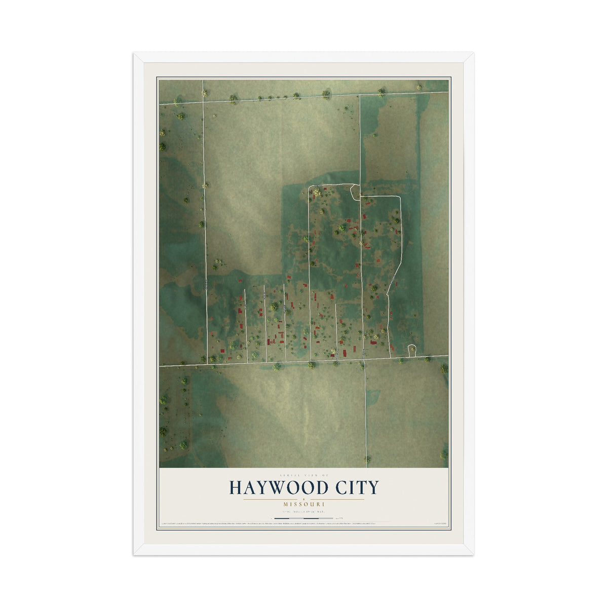 Map of Haywood City, Missouri, 12 x 18 inch print in a white wood frame