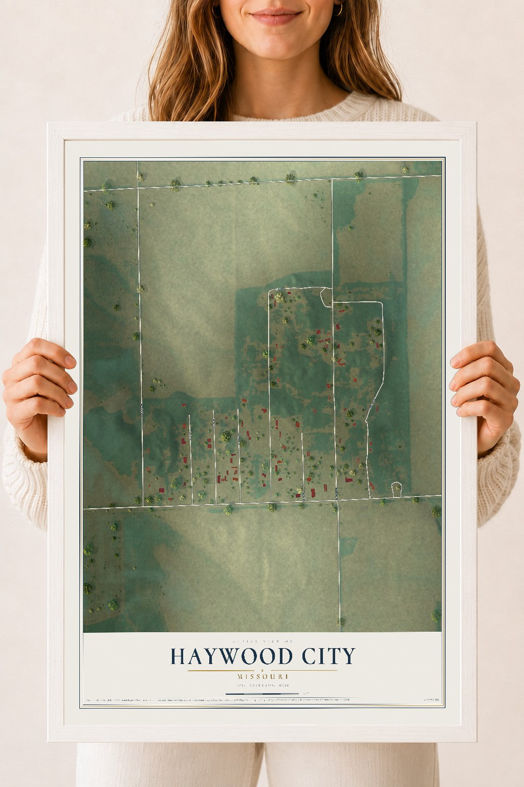 Map of Haywood City, Missouri, 18 x 24 inch print in a white wood frame