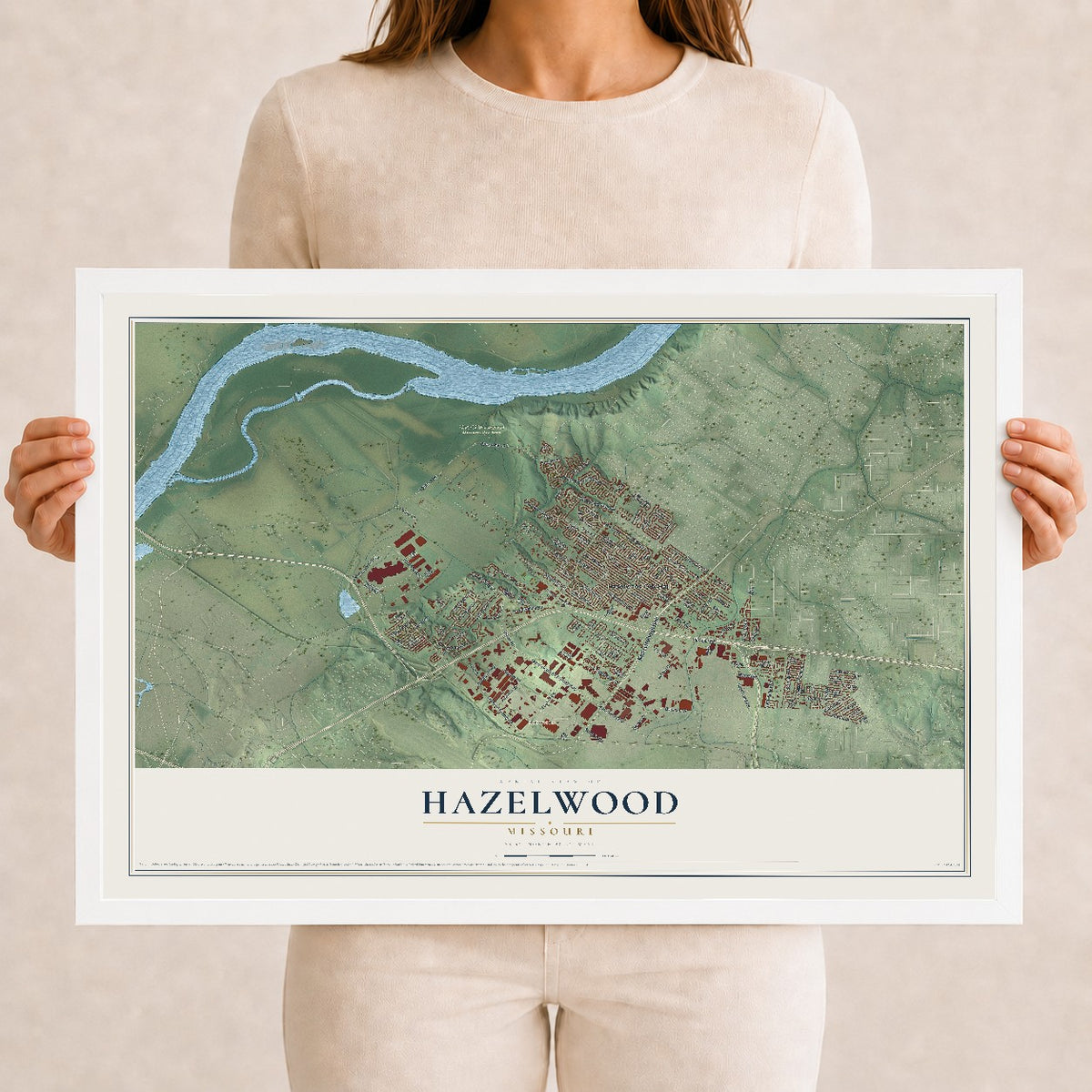 Map of Hazelwood, Missouri, 12 x 18 inch print in a white wood frame