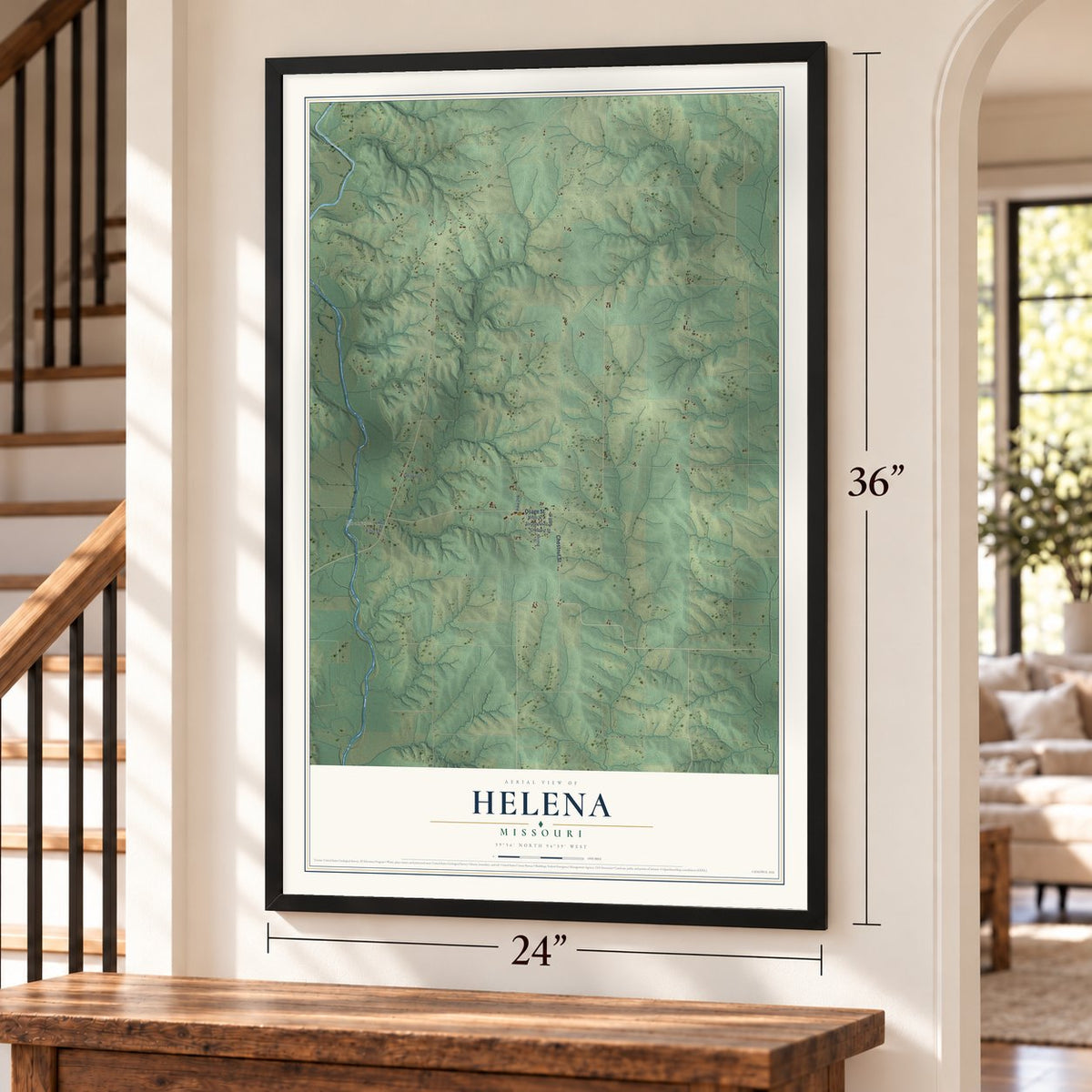 Helena, Missouri map, 24 x 36 inch print in a black frame by a staircase