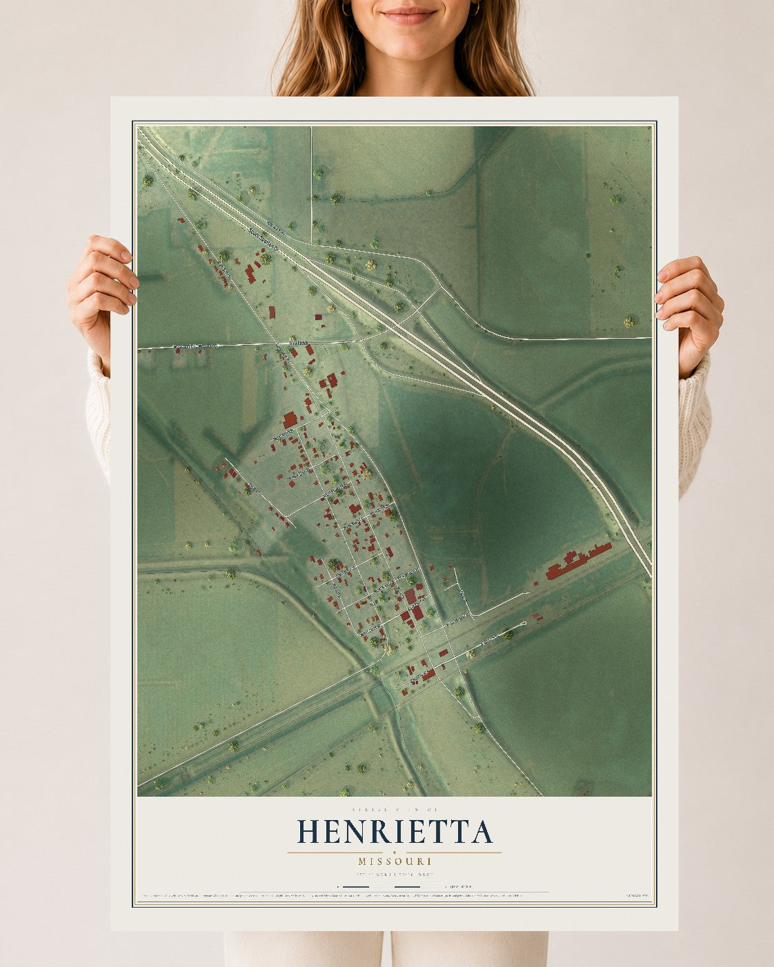 Map of Henrietta, Missouri, 24 x 36 inch unframed archival matte print