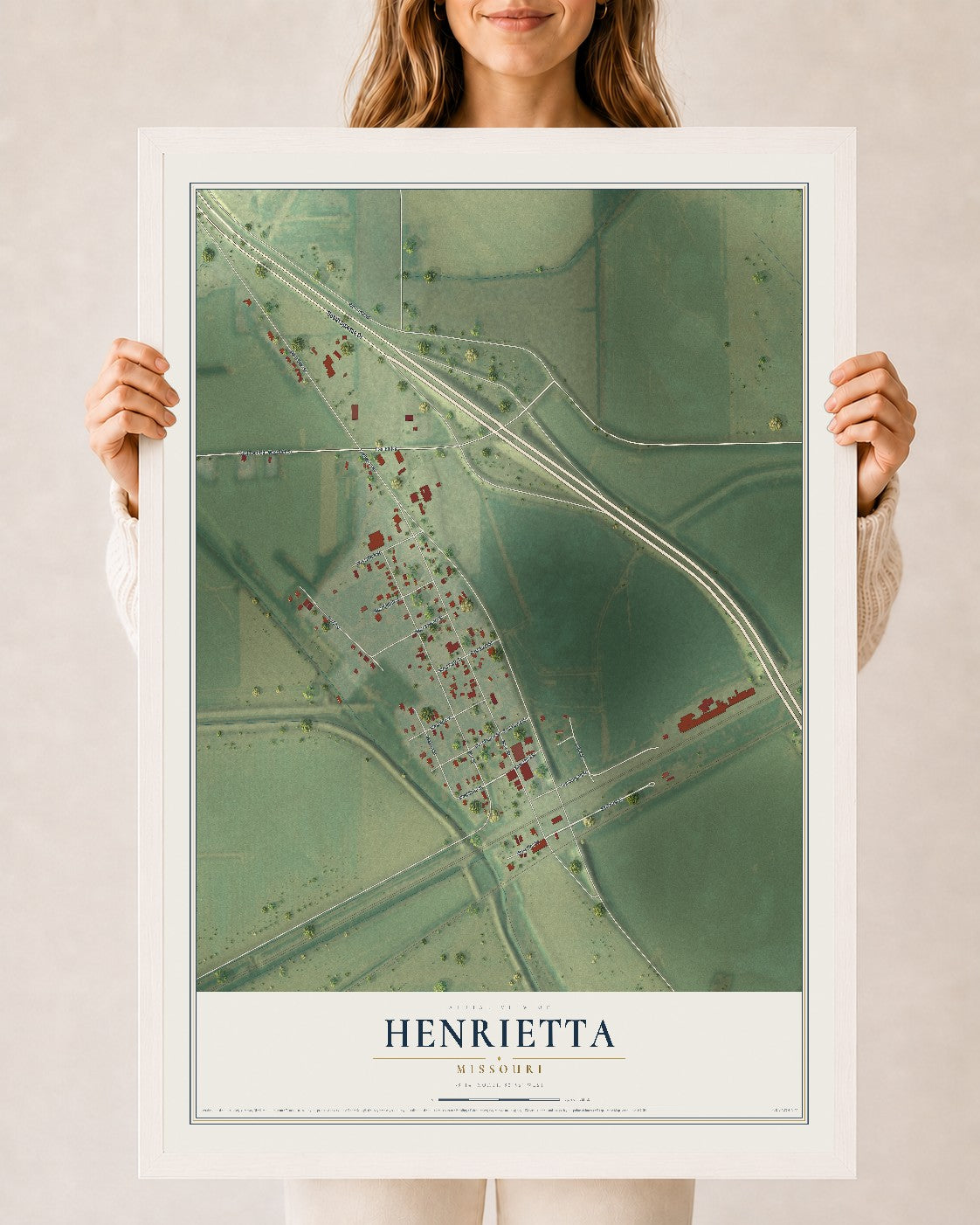 Map of Henrietta, Missouri, 24 x 36 inch print in a white wood frame