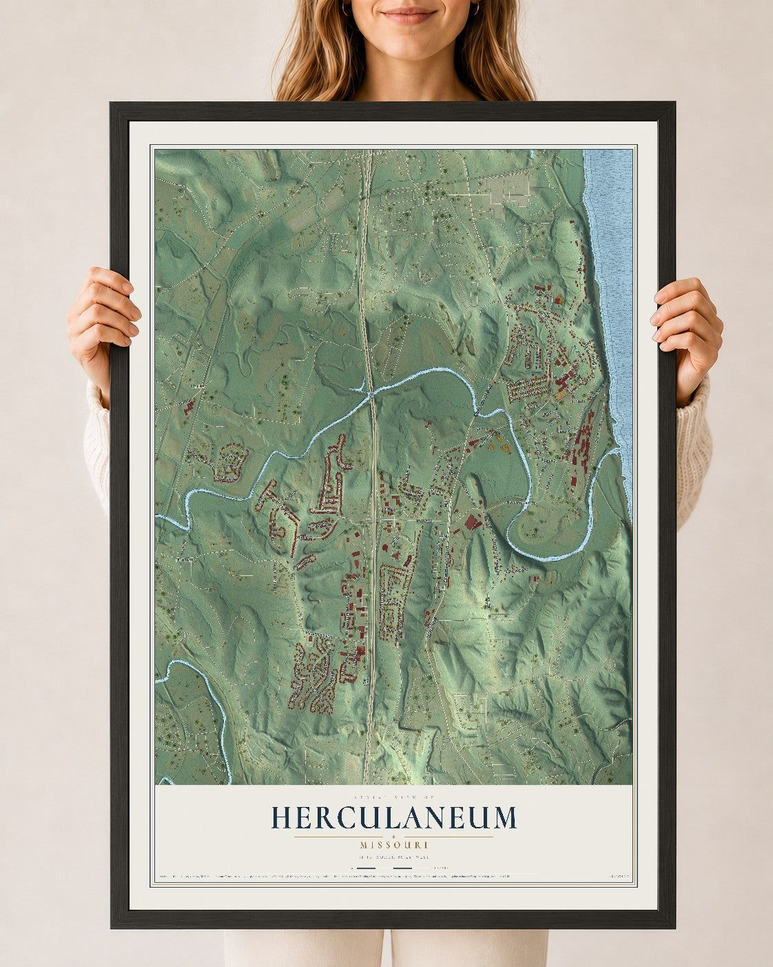 Map of Herculaneum, Missouri, 24 x 36 inch print in a black wood frame