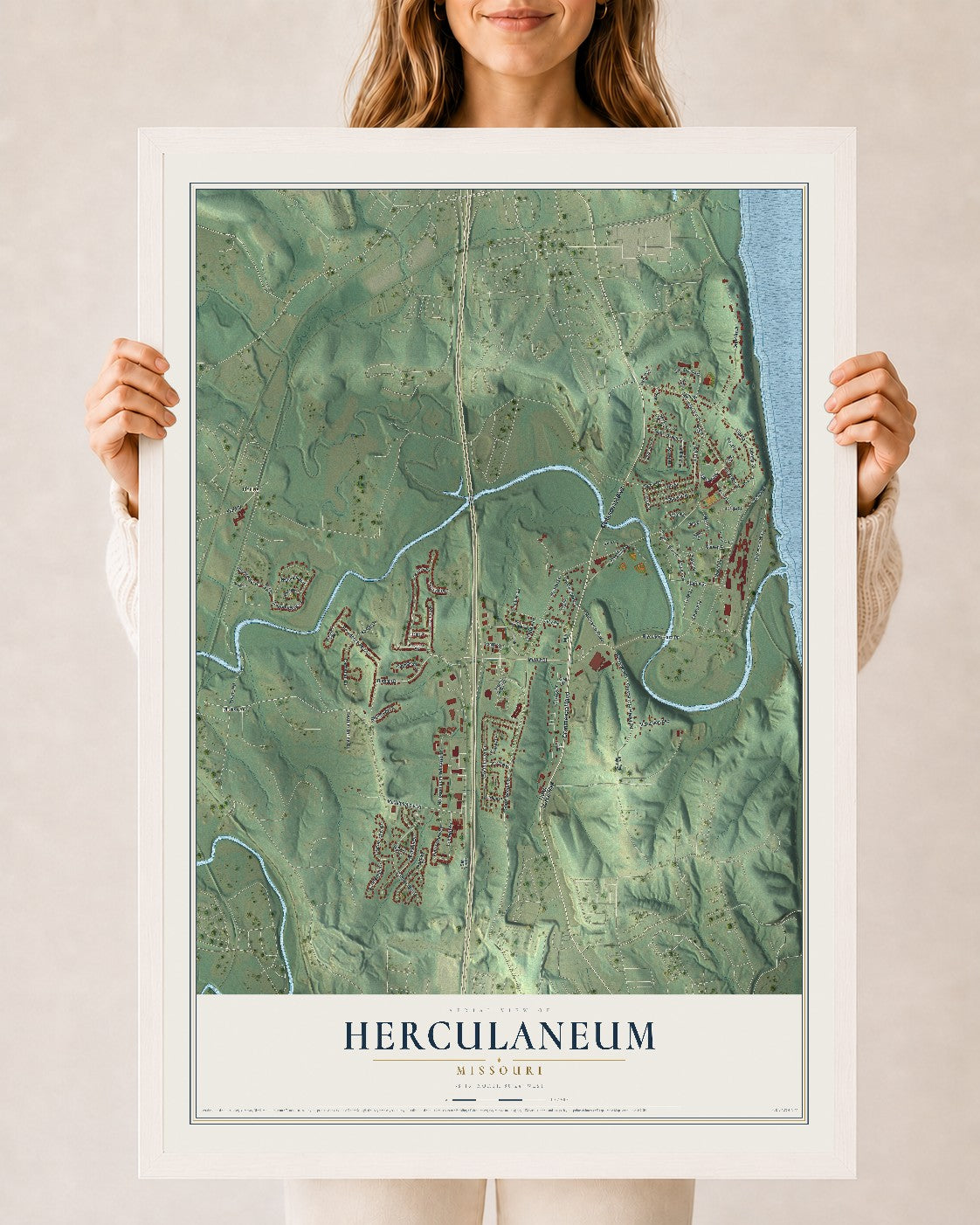 Map of Herculaneum, Missouri, 24 x 36 inch print in a white wood frame