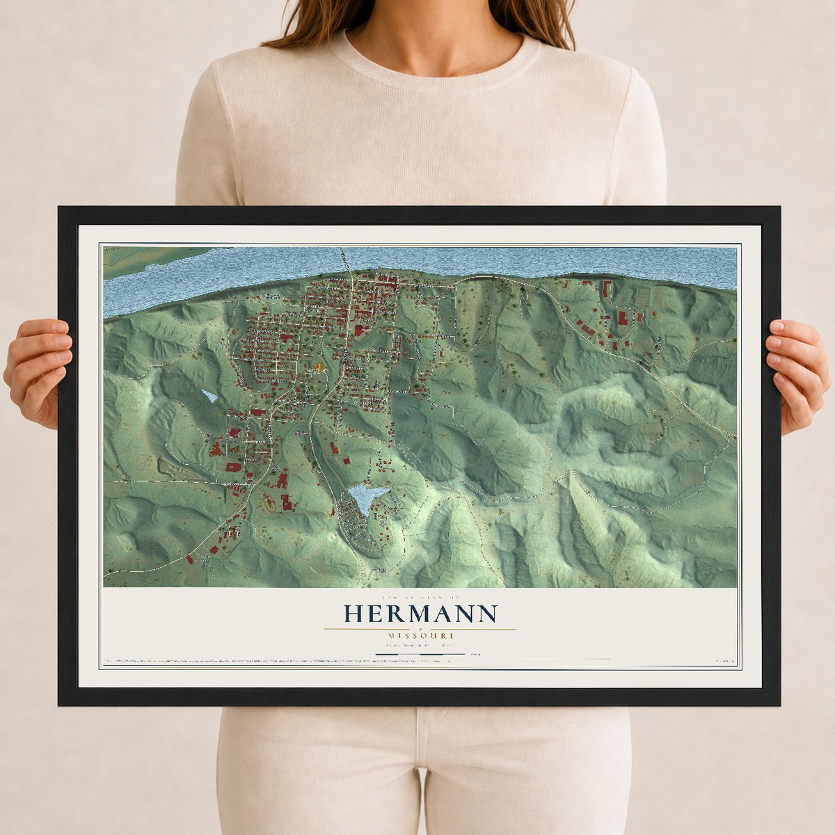 Map of Hermann, Missouri, 12 x 18 inch print in a black wood frame