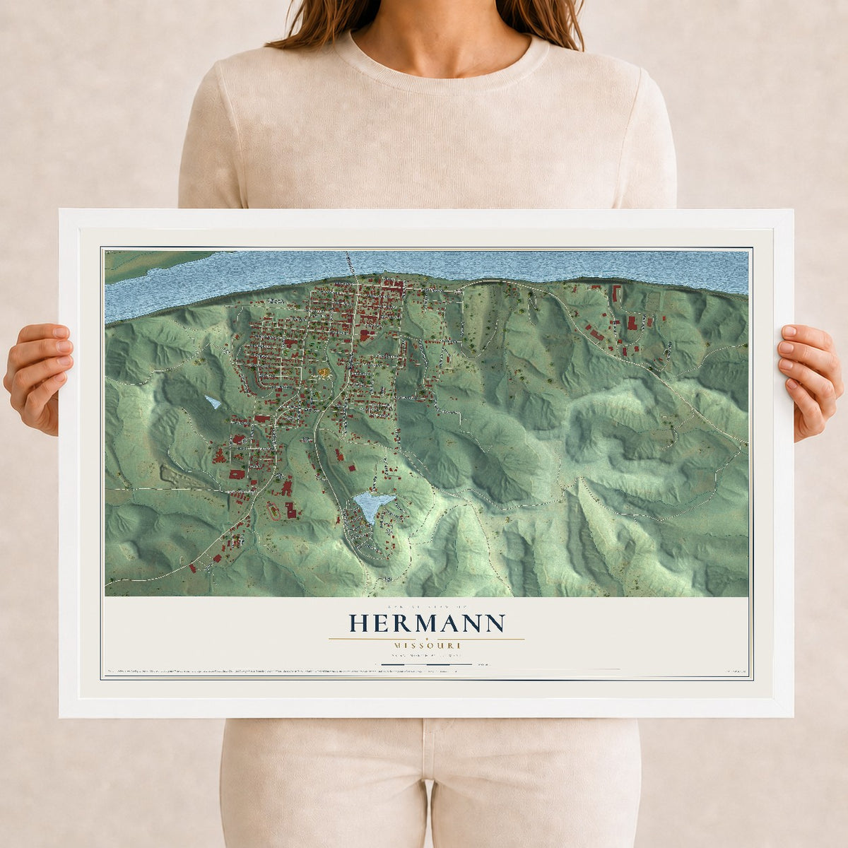 Map of Hermann, Missouri, 12 x 18 inch print in a white wood frame
