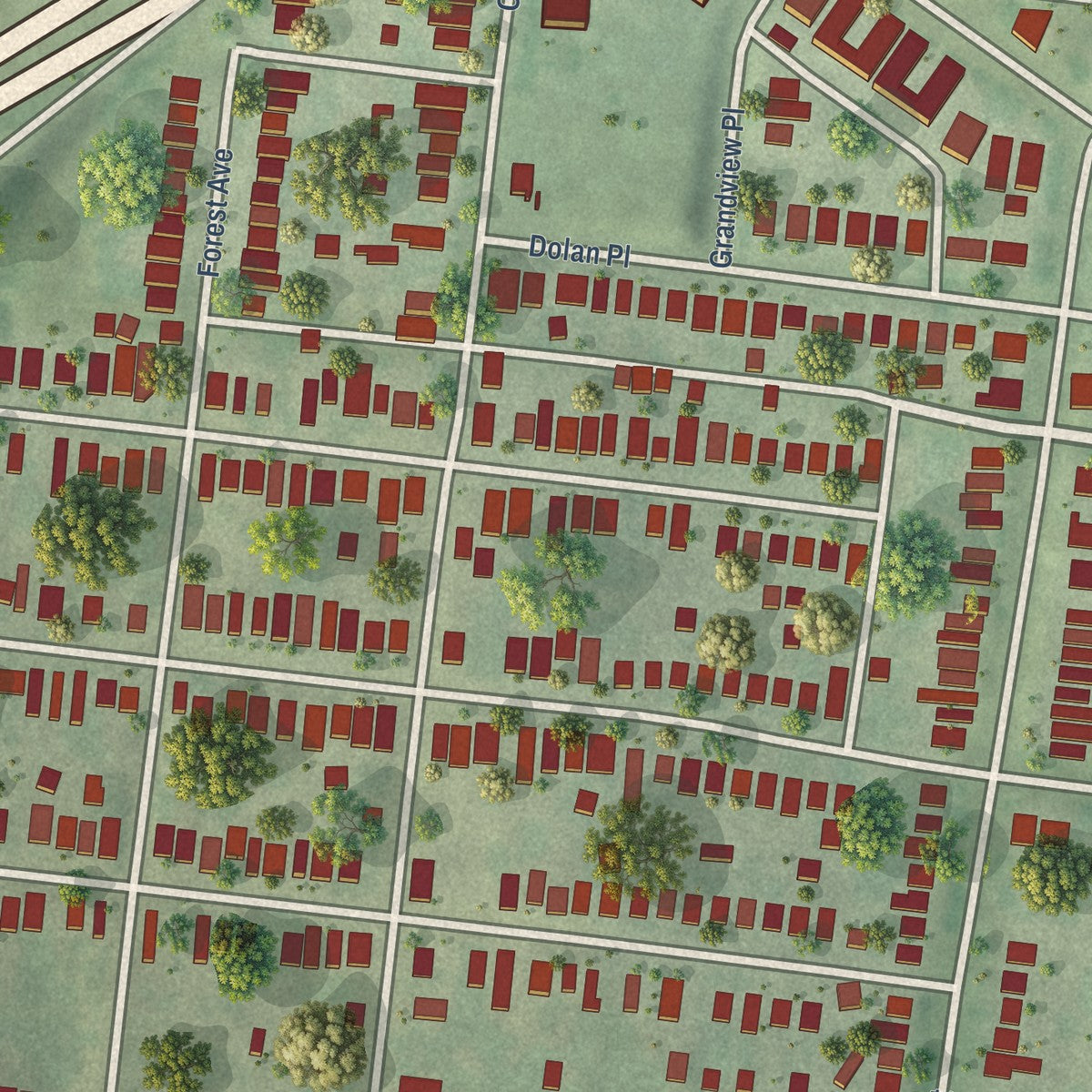 Close-up of the map of Hi-Pointe, Missouri print showing street and building detail