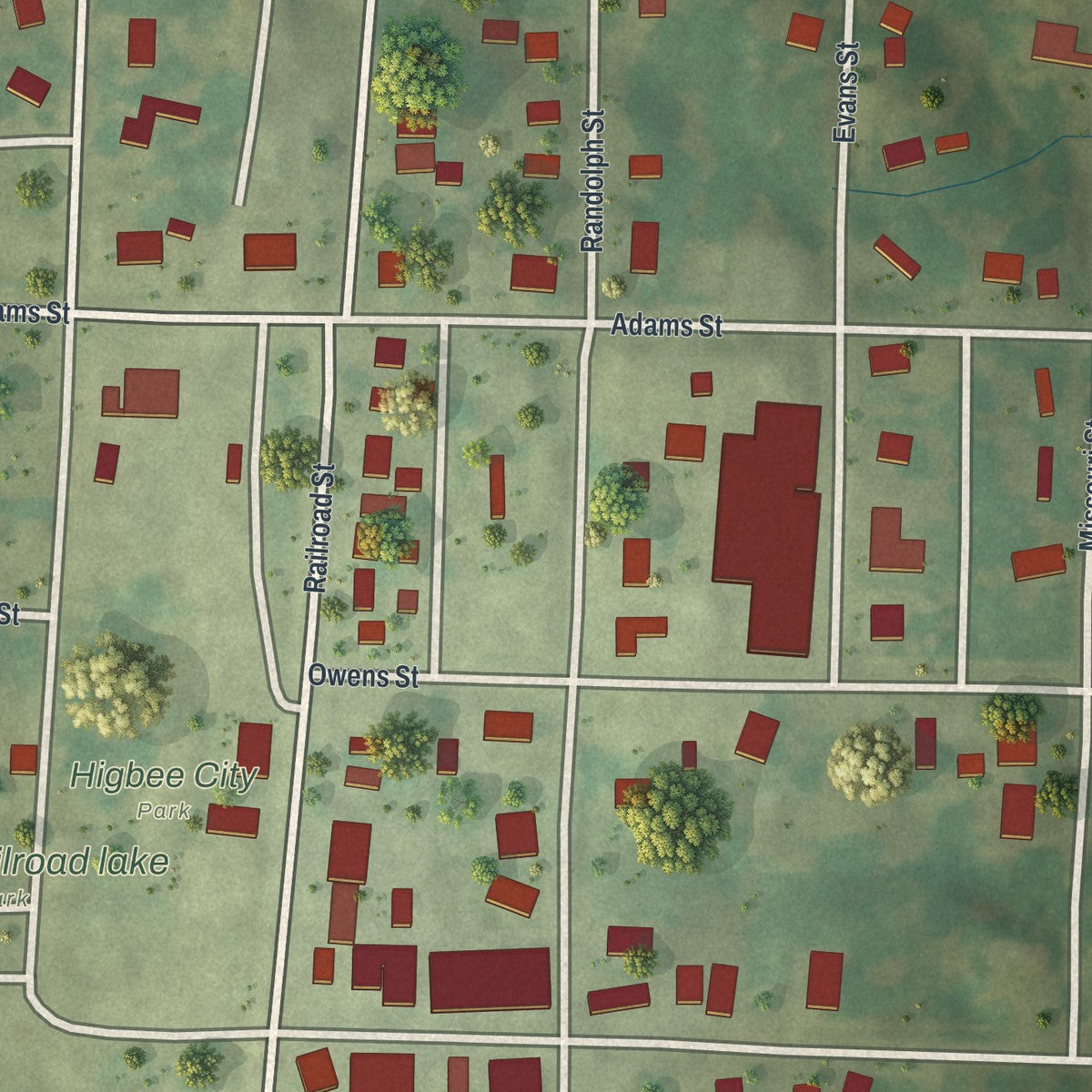 Close-up of the map of Higbee, Missouri print showing street and building detail