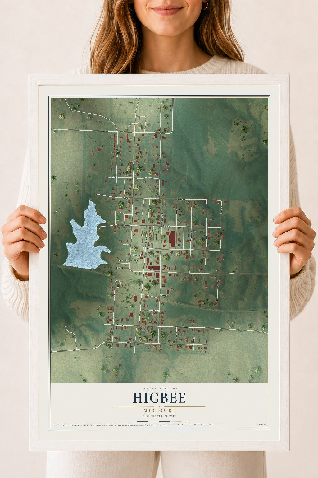 Map of Higbee, Missouri, 18 x 24 inch print in a white wood frame