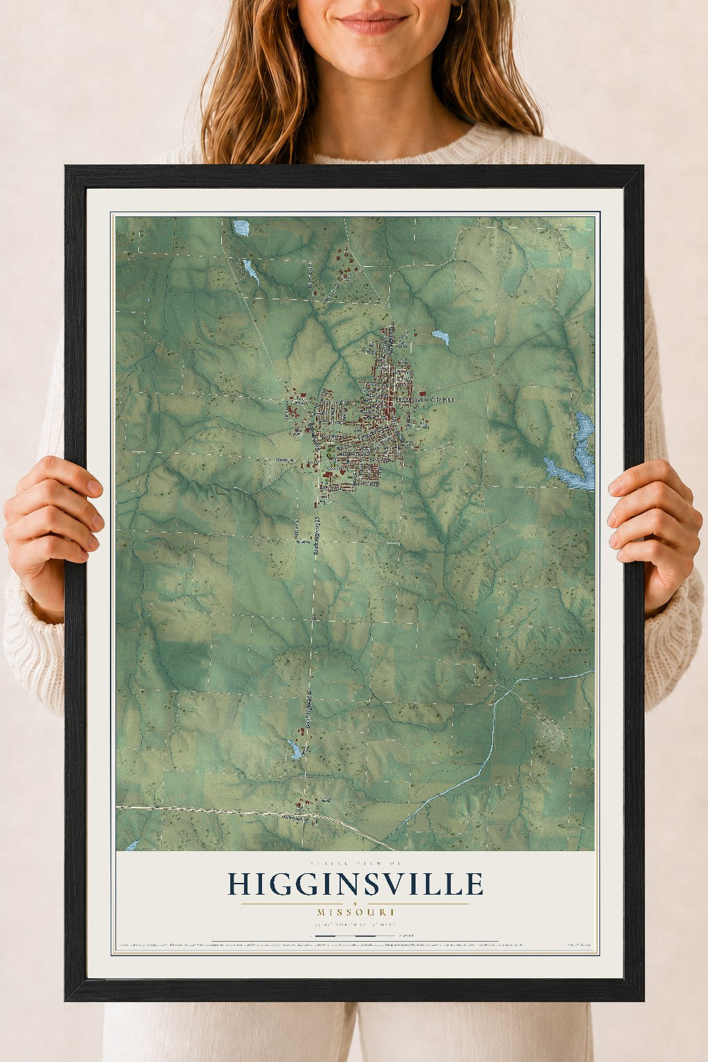 Map of Higginsville, Missouri, 18 x 24 inch print in a black wood frame