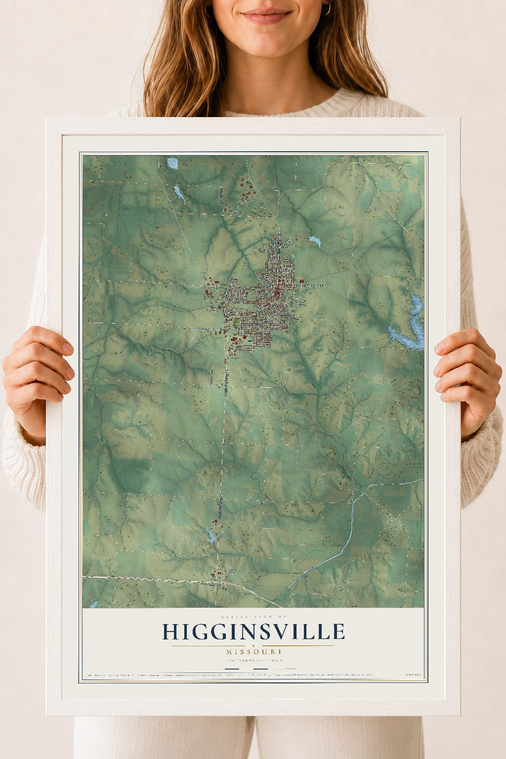 Map of Higginsville, Missouri, 18 x 24 inch print in a white wood frame
