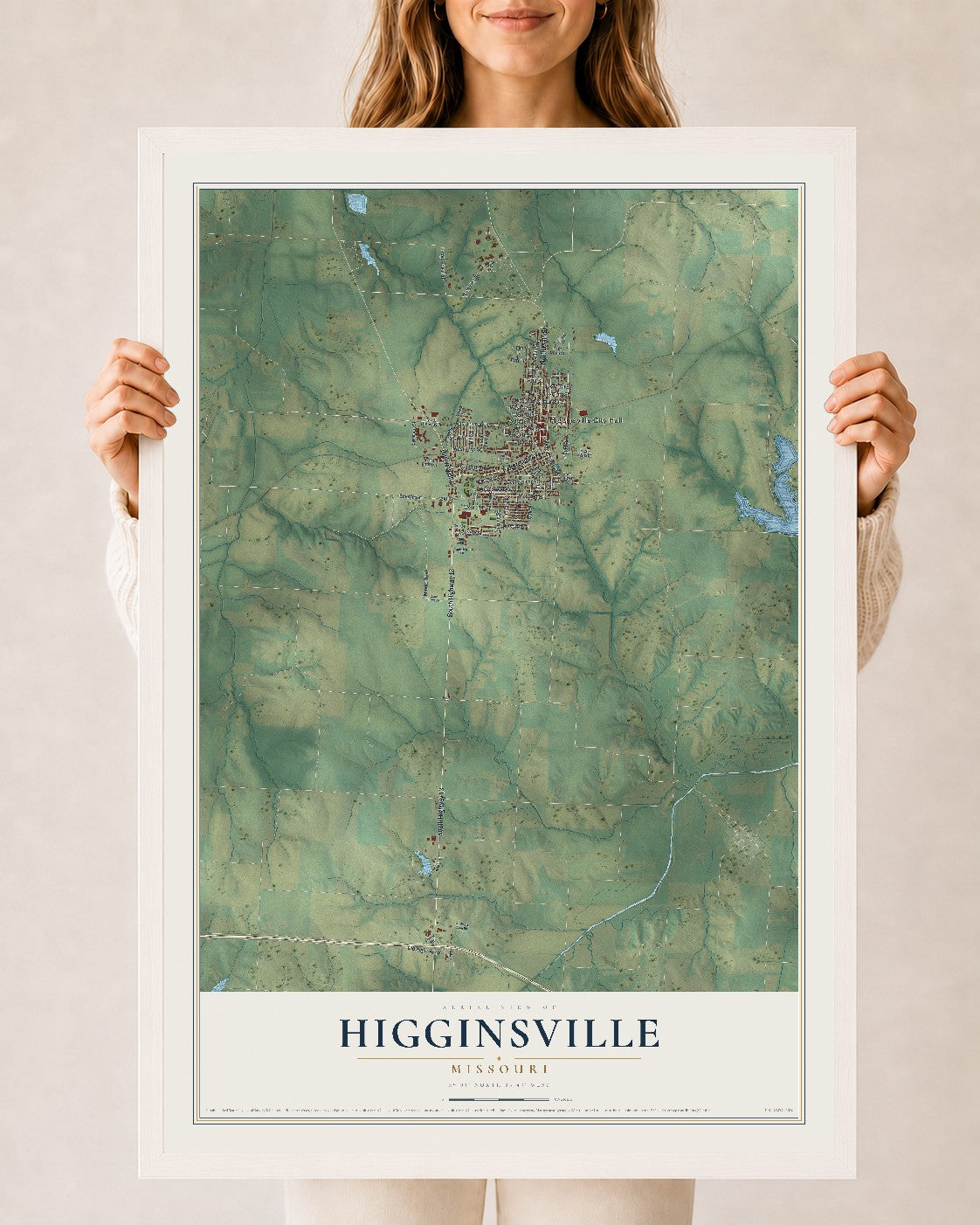 Map of Higginsville, Missouri, 24 x 36 inch print in a white wood frame