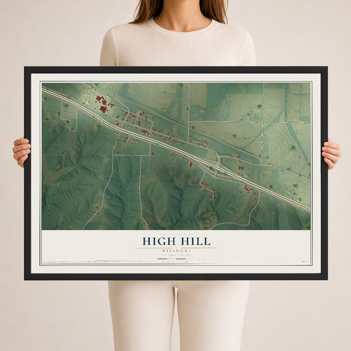 Map of High Hill, Missouri, 24 x 36 inch print in a black wood frame