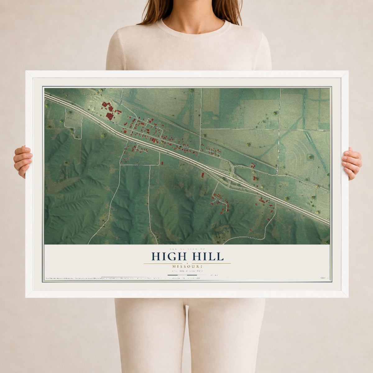 Map of High Hill, Missouri, 24 x 36 inch print in a white wood frame