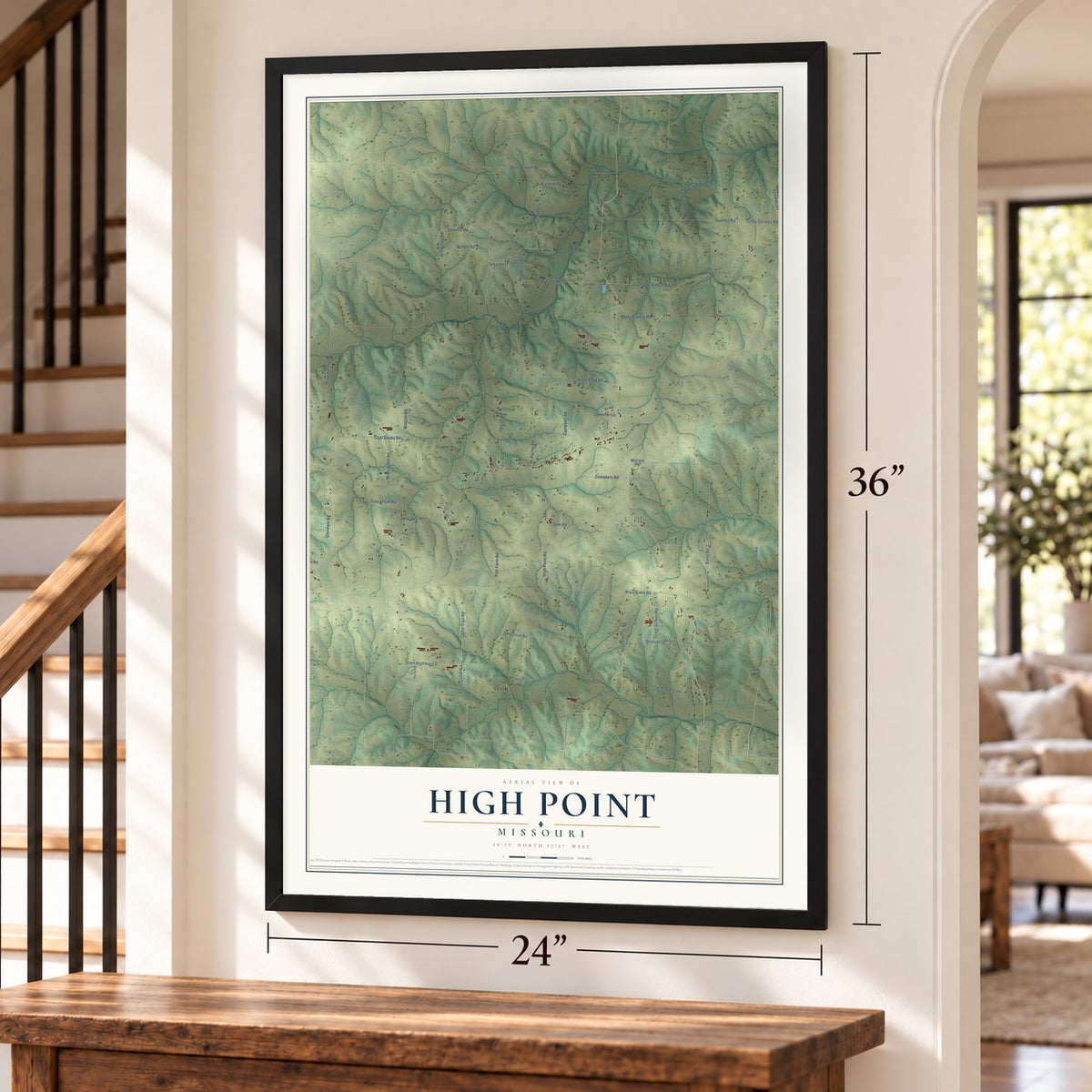 High Point, Missouri map, 24 x 36 inch print in a black frame by a staircase
