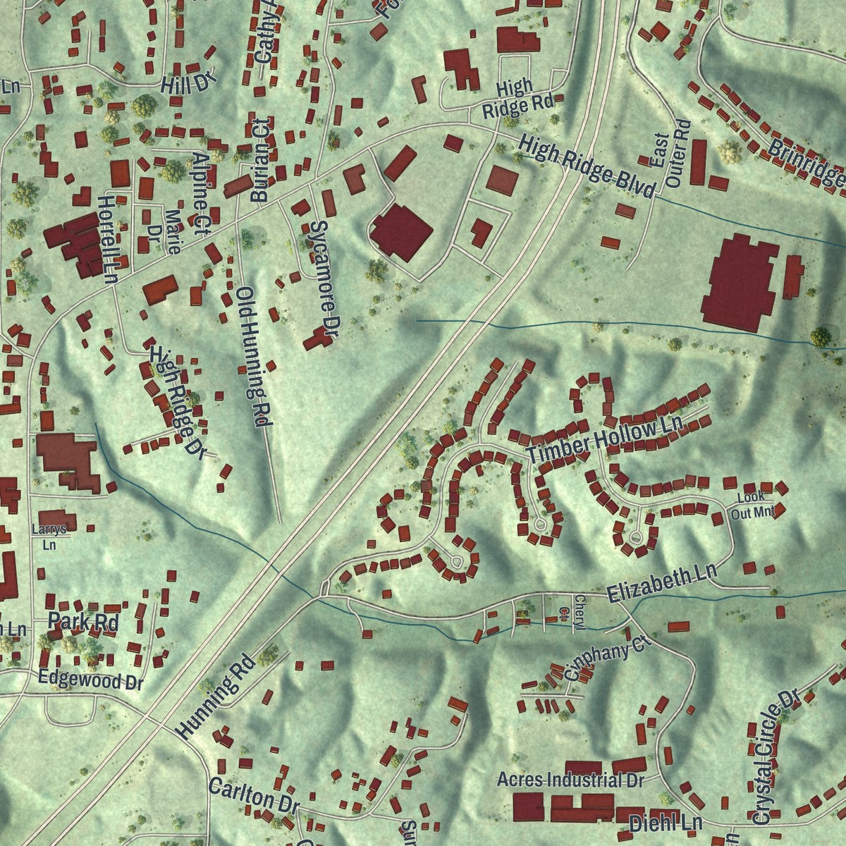 Close-up of the map of High Ridge, Missouri print showing street and building detail