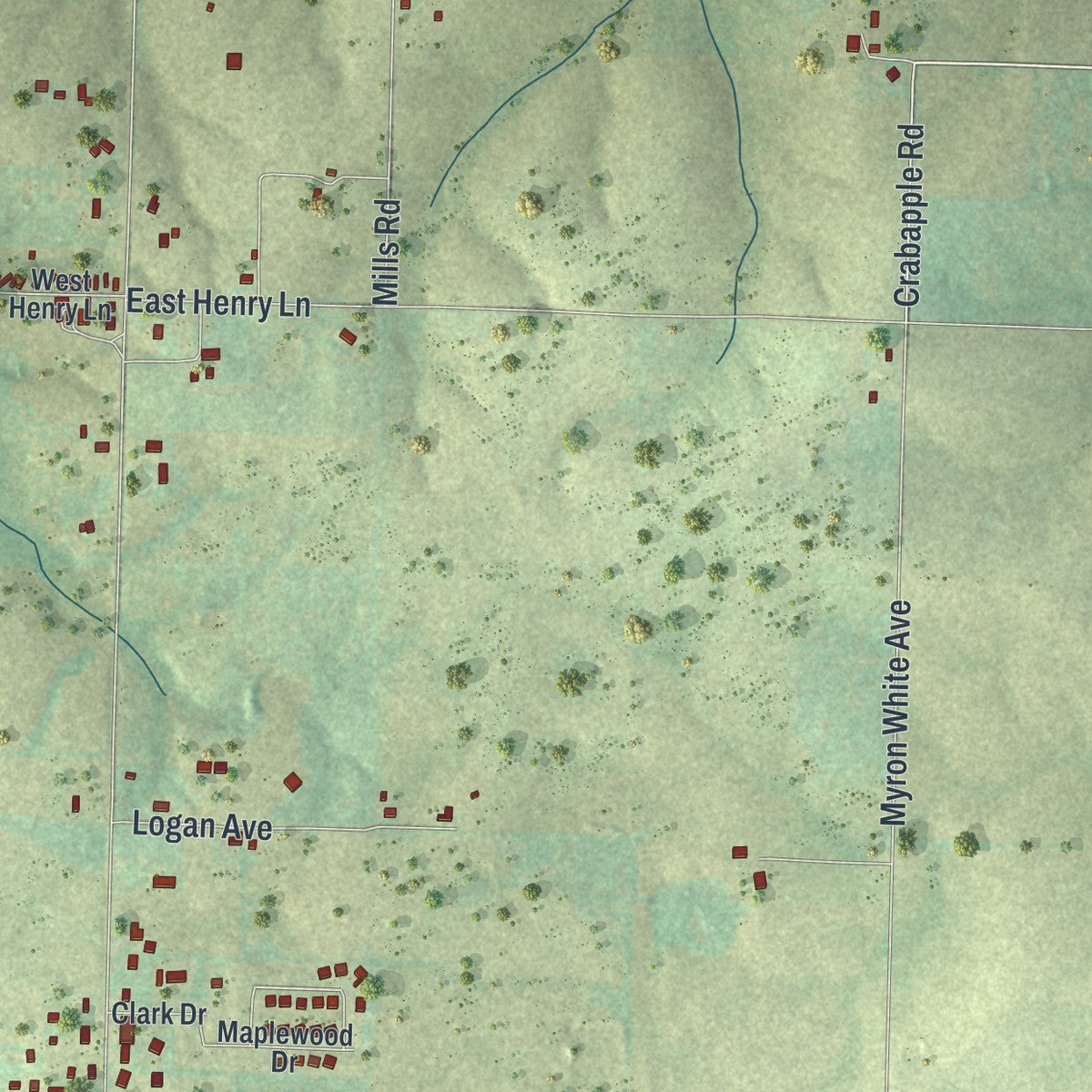Second close-up of the map of Highlandville, Missouri print showing more streets and buildings