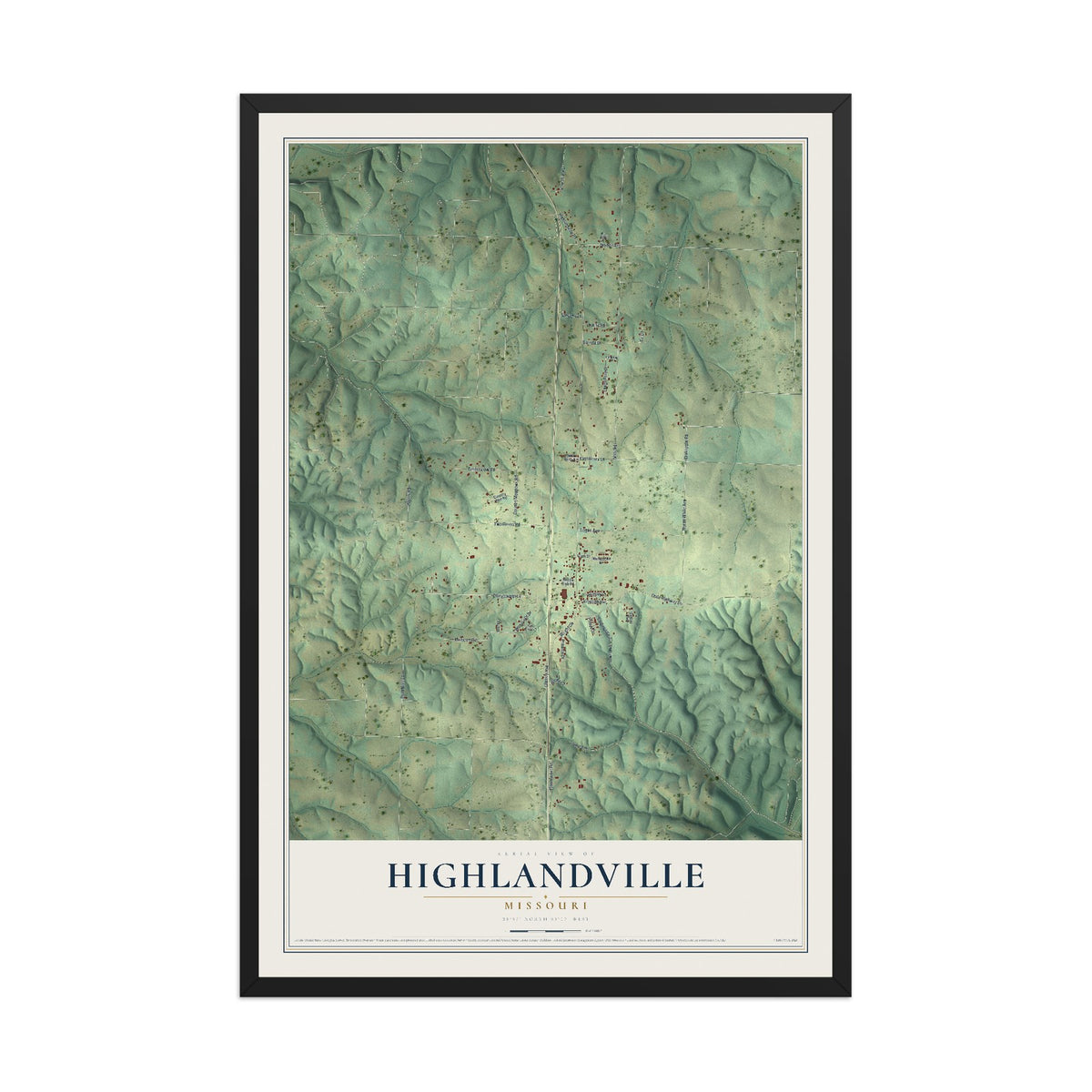 Map of Highlandville, Missouri, 12 x 18 inch print in a black wood frame