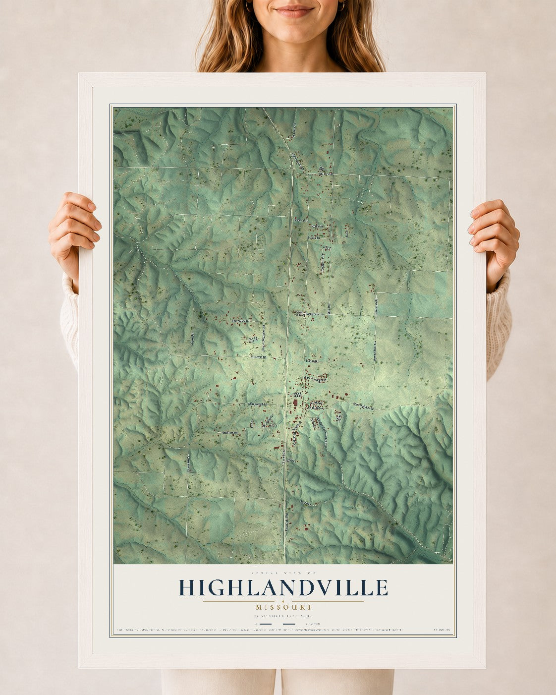 Map of Highlandville, Missouri, 24 x 36 inch print in a white wood frame