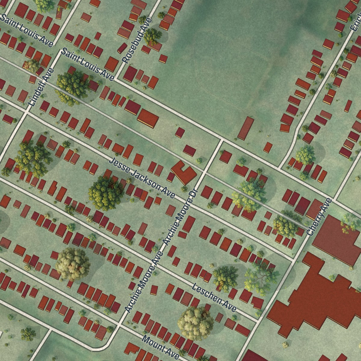 Close-up of the map of Hillsdale, Missouri print showing street and building detail
