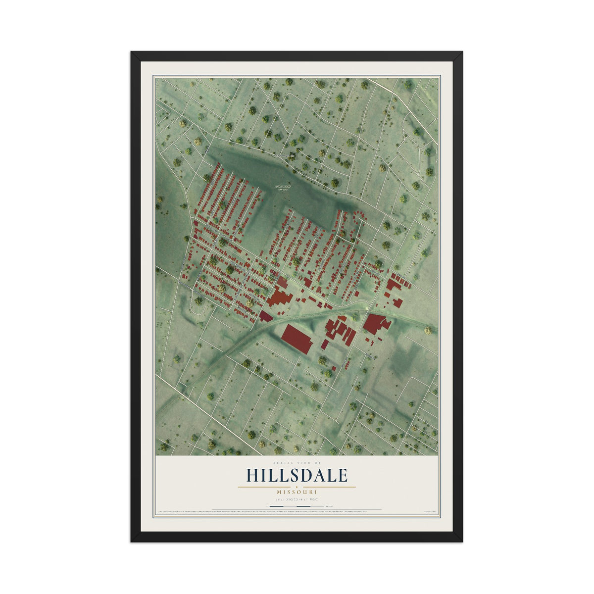 Map of Hillsdale, Missouri, 12 x 18 inch print in a black wood frame