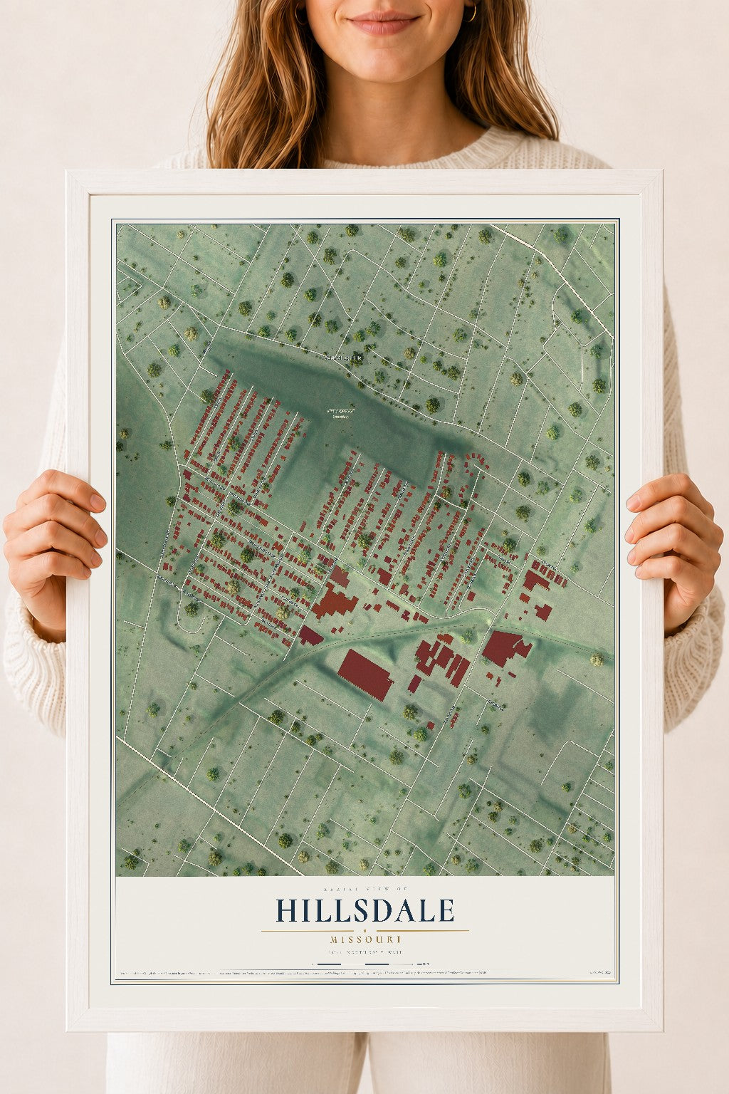 Map of Hillsdale, Missouri, 18 x 24 inch print in a white wood frame