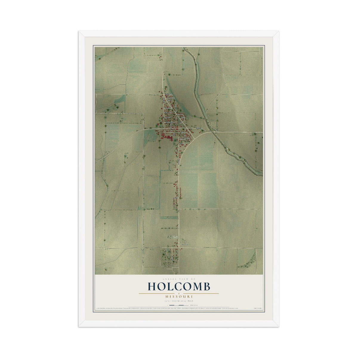 Map of Holcomb, Missouri, 12 x 18 inch print in a white wood frame