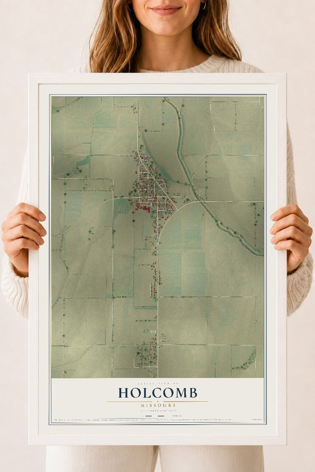 Map of Holcomb, Missouri, 18 x 24 inch print in a white wood frame