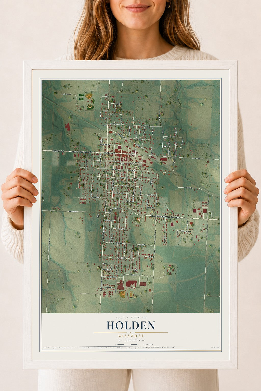 Map of Holden, Missouri, 18 x 24 inch print in a white wood frame