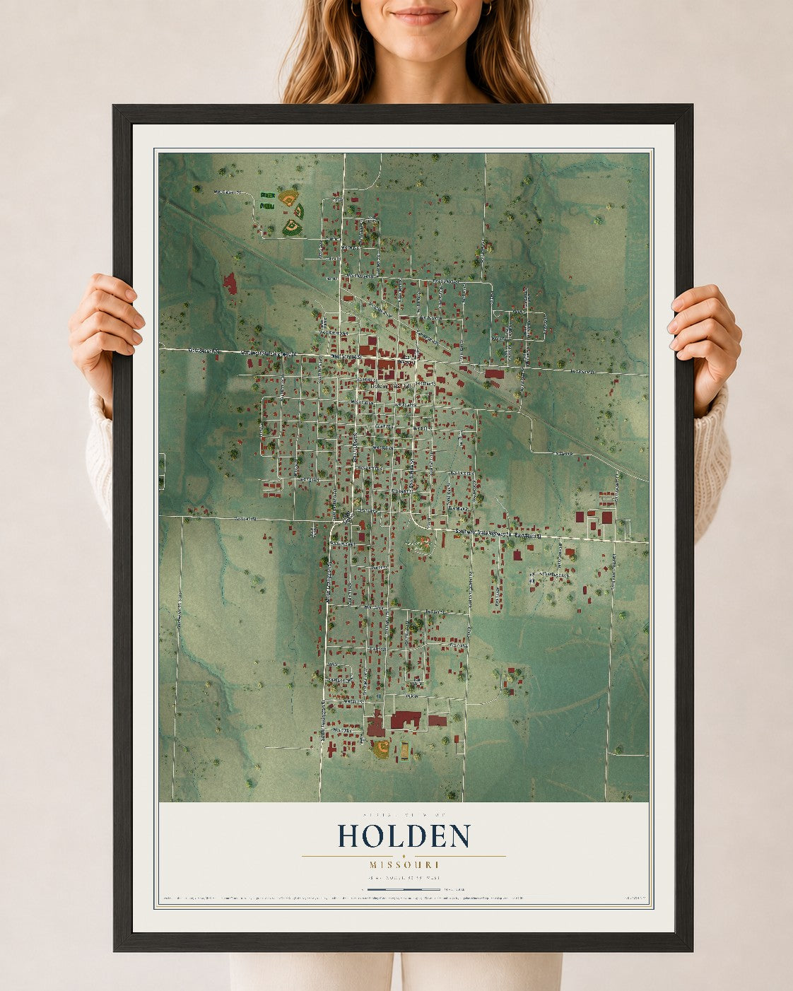 Map of Holden, Missouri, 24 x 36 inch print in a black wood frame