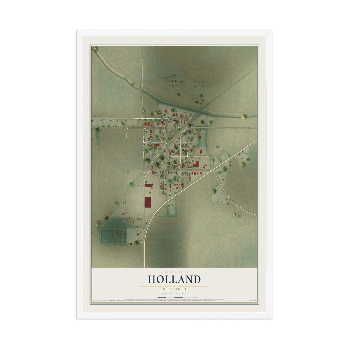 Map of Holland, Missouri, 12 x 18 inch print in a white wood frame