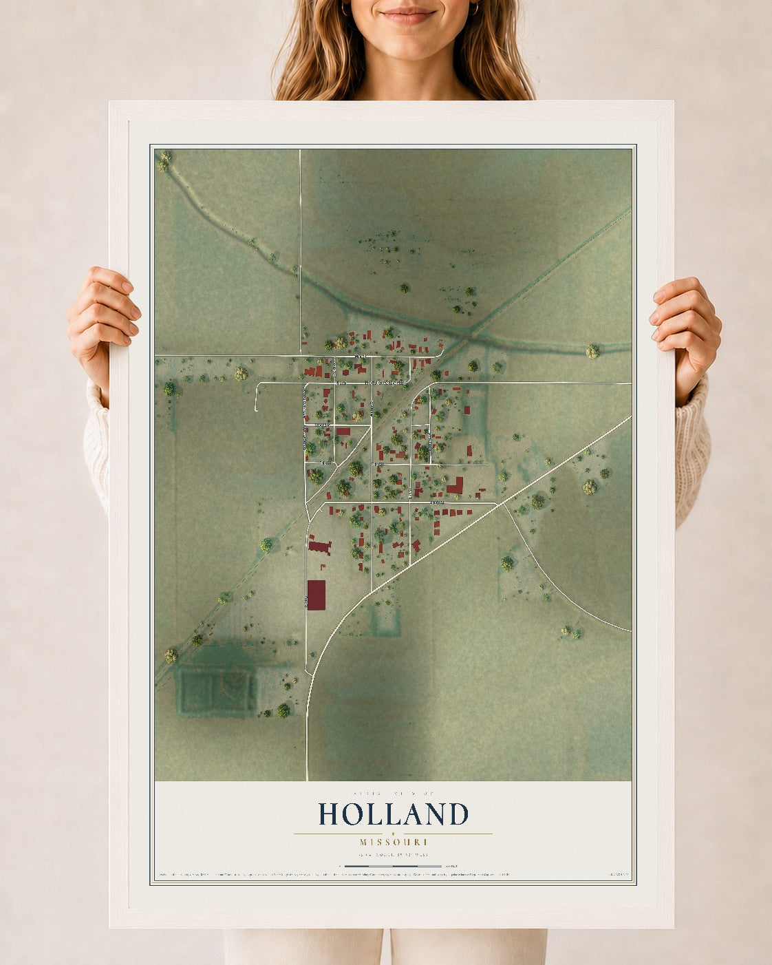 Map of Holland, Missouri, 24 x 36 inch print in a white wood frame