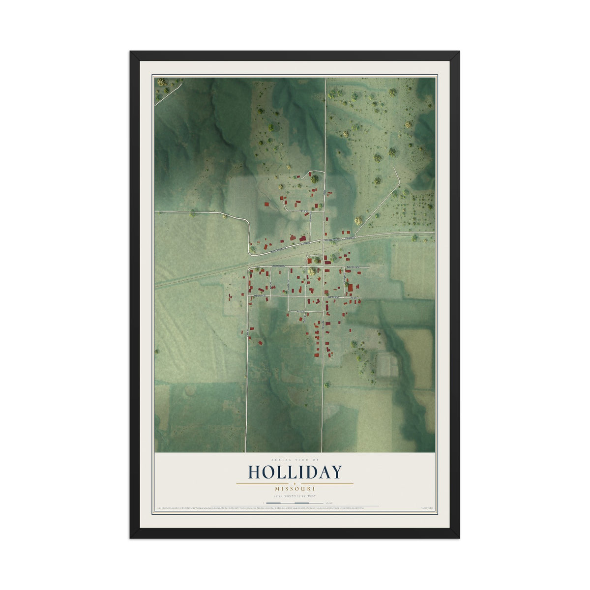 Map of Holliday, Missouri, 12 x 18 inch print in a black wood frame
