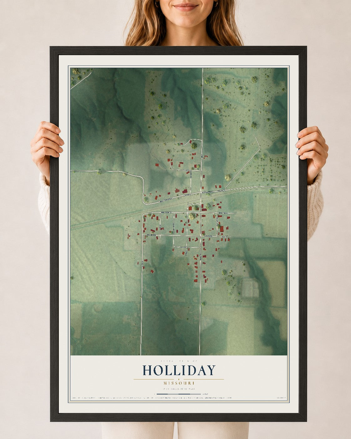 Map of Holliday, Missouri, 24 x 36 inch print in a black wood frame