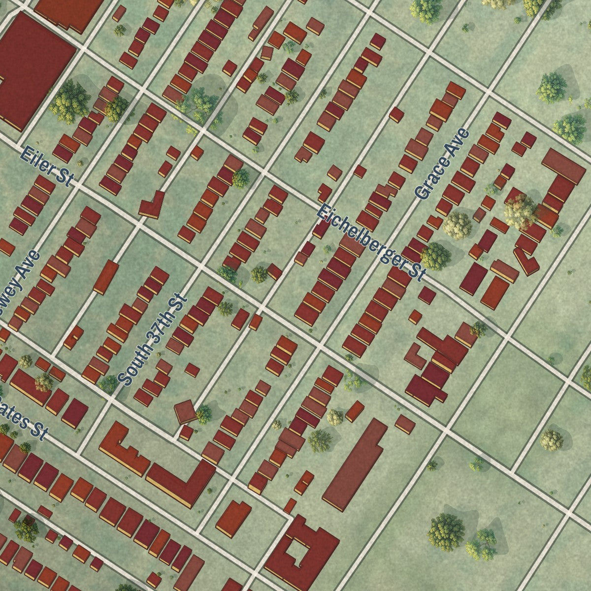 Close-up of the map of Holly Hills, Missouri print showing street and building detail