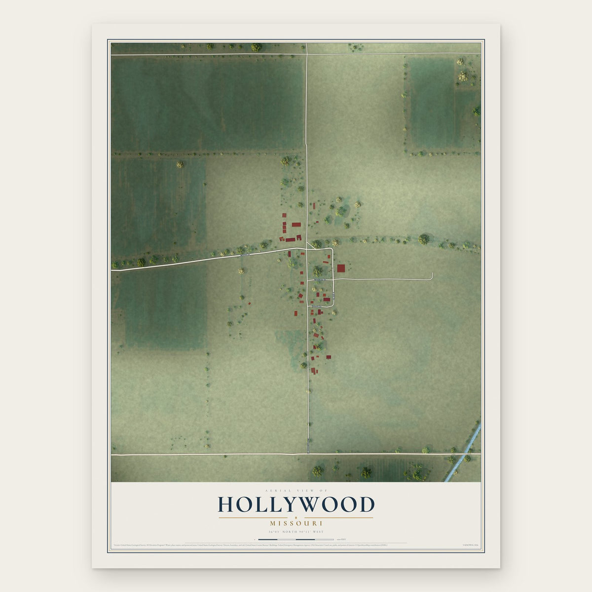 Hollywood, Missouri map print, the full design
