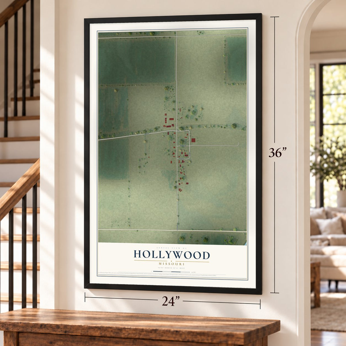 Hollywood, Missouri map, 24 x 36 inch print in a black frame by a staircase